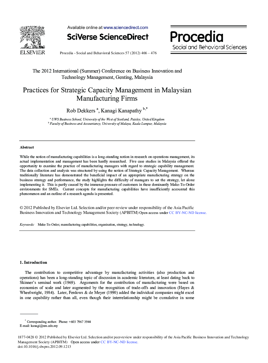 Practices for Strategic Capacity Management in Malaysian Manufacturing Firms