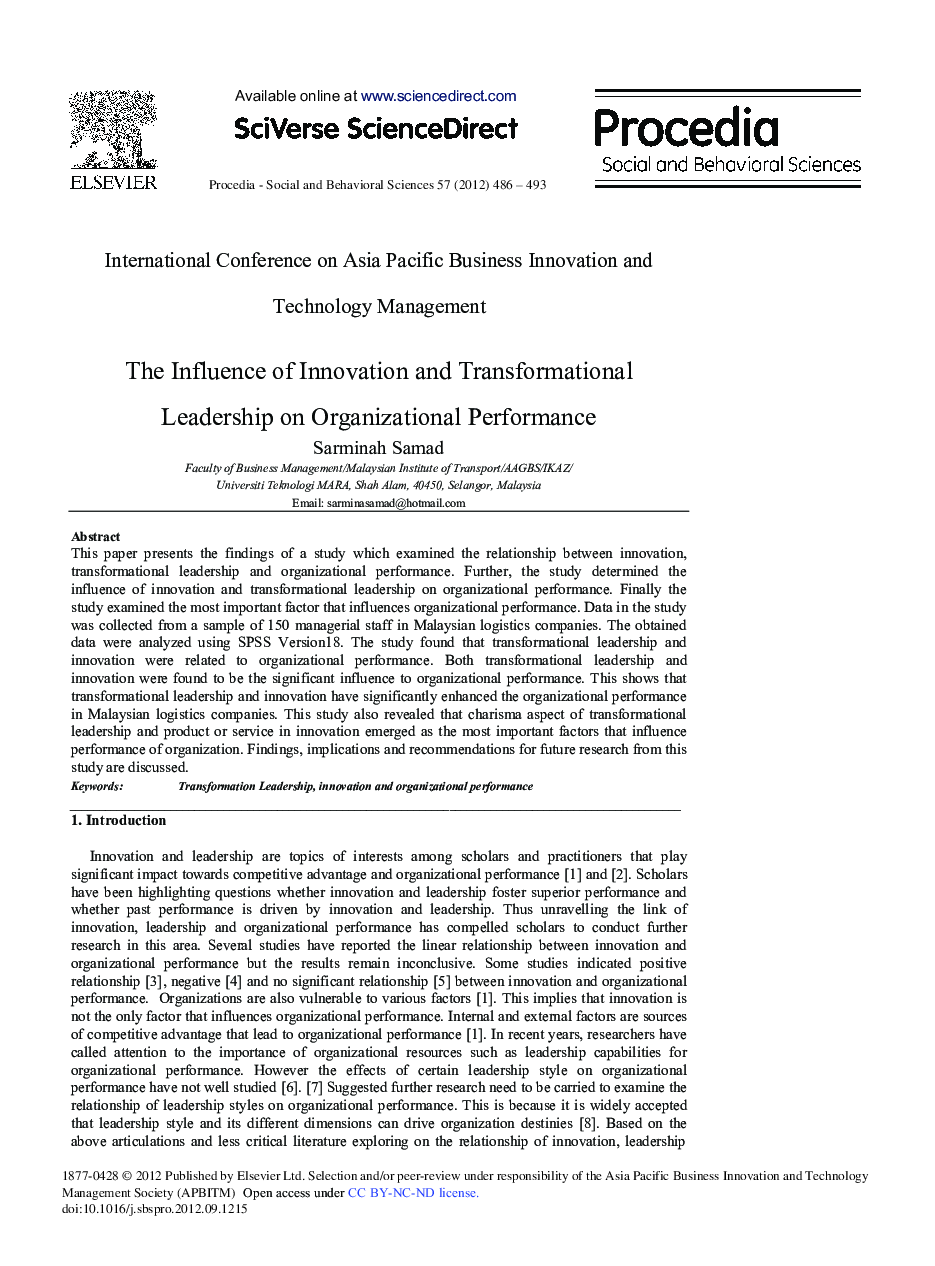 The Influence of Innovation and Transformational Leadership on Organizational Performance