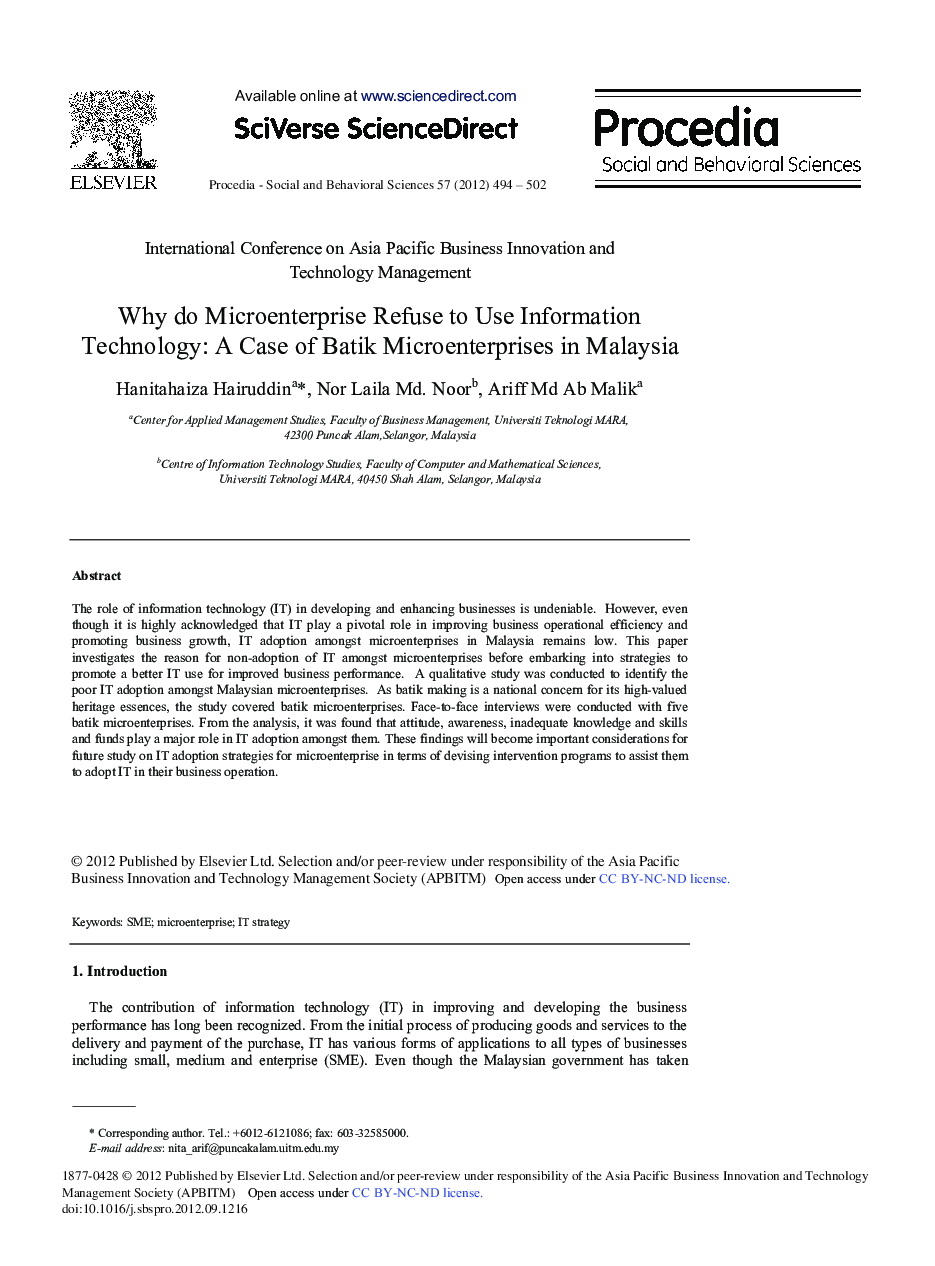 Why do Microenterprise Refuse to Use Information Technology: A Case of Batik Microenterprises in Malaysia