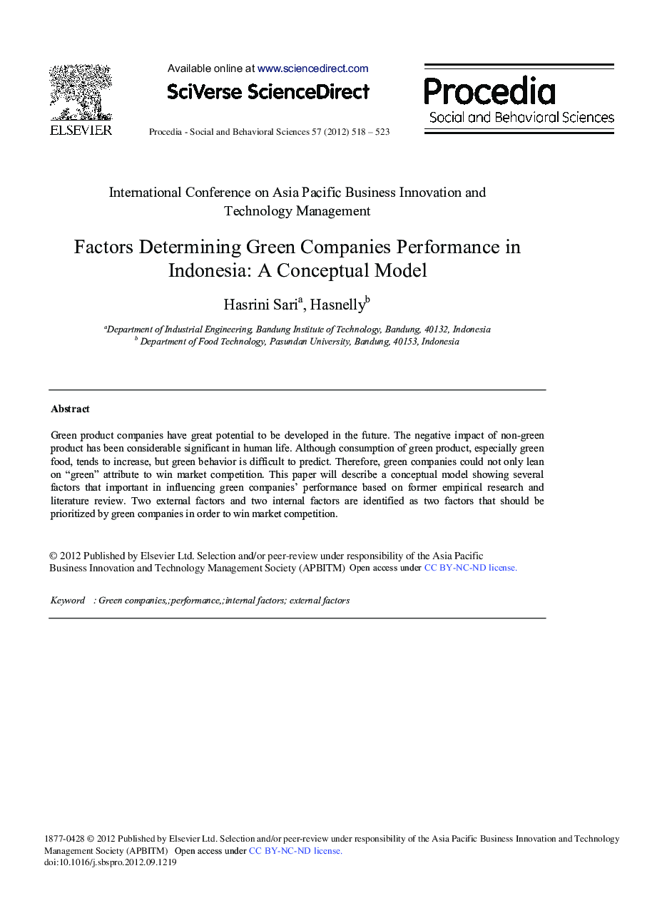 Factors Determining Green Companies Performance in Indonesia: A Conceptual Model