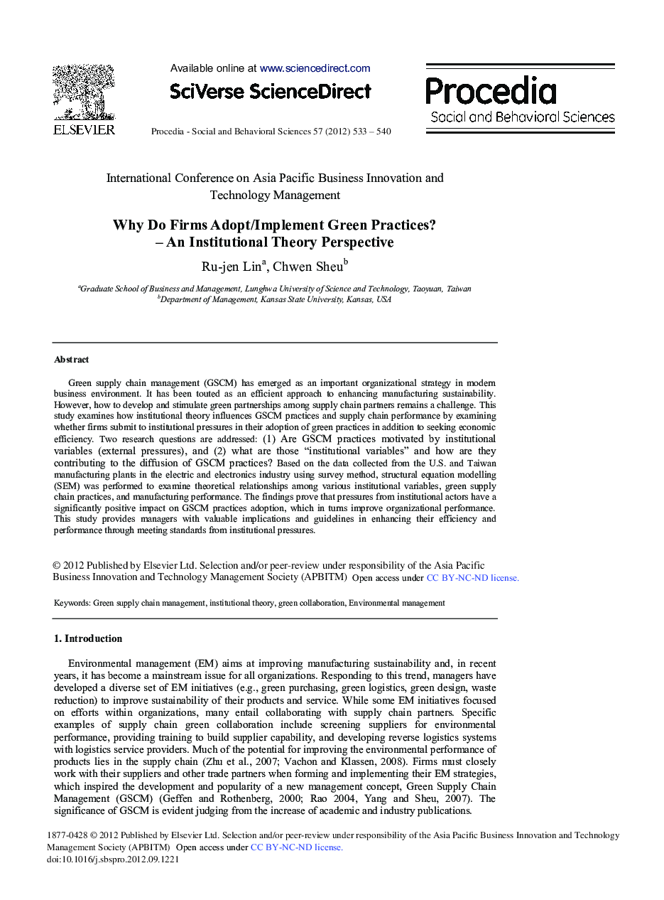 Why Do Firms Adopt/Implement Green Practices?–An Institutional Theory Perspective