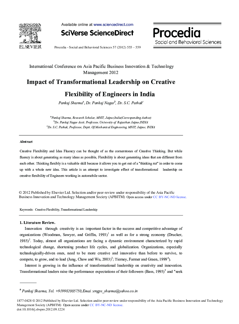 Impact of Transformational Leadership on Creative Flexibility of Engineers in India