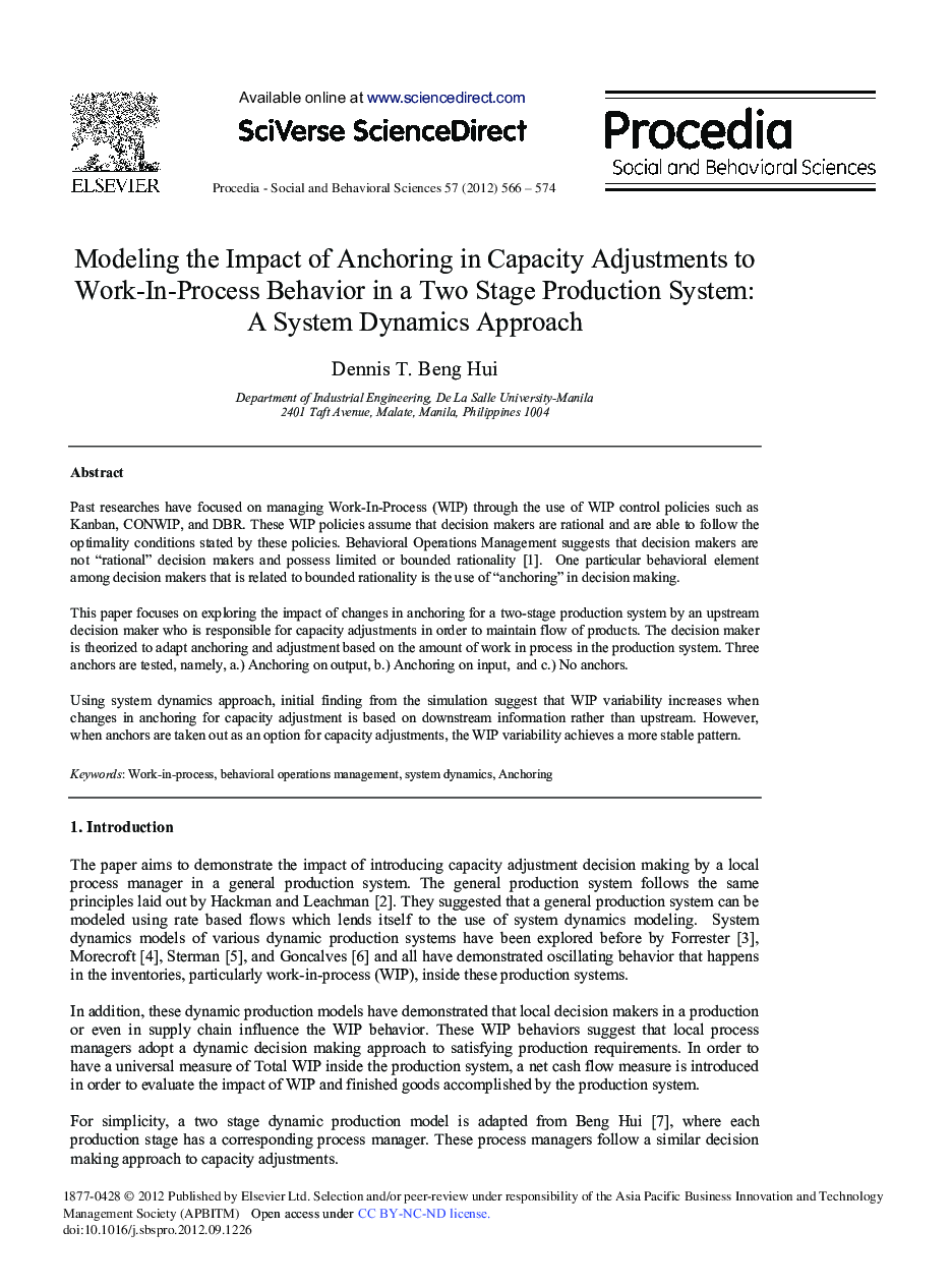 Modeling the Impact of Anchoring in Capacity Adjustments to Work-In-Process Behavior in a Two Stage Production System: A System Dynamics Approach