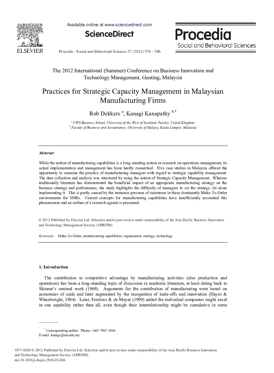 Practices for Strategic Capacity Management in Malaysian Manufacturing Firms 