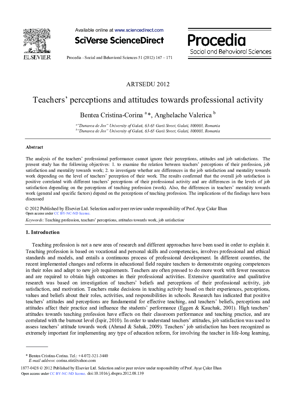 Teachers’ Perceptions and Attitudes Towards Professional Activity