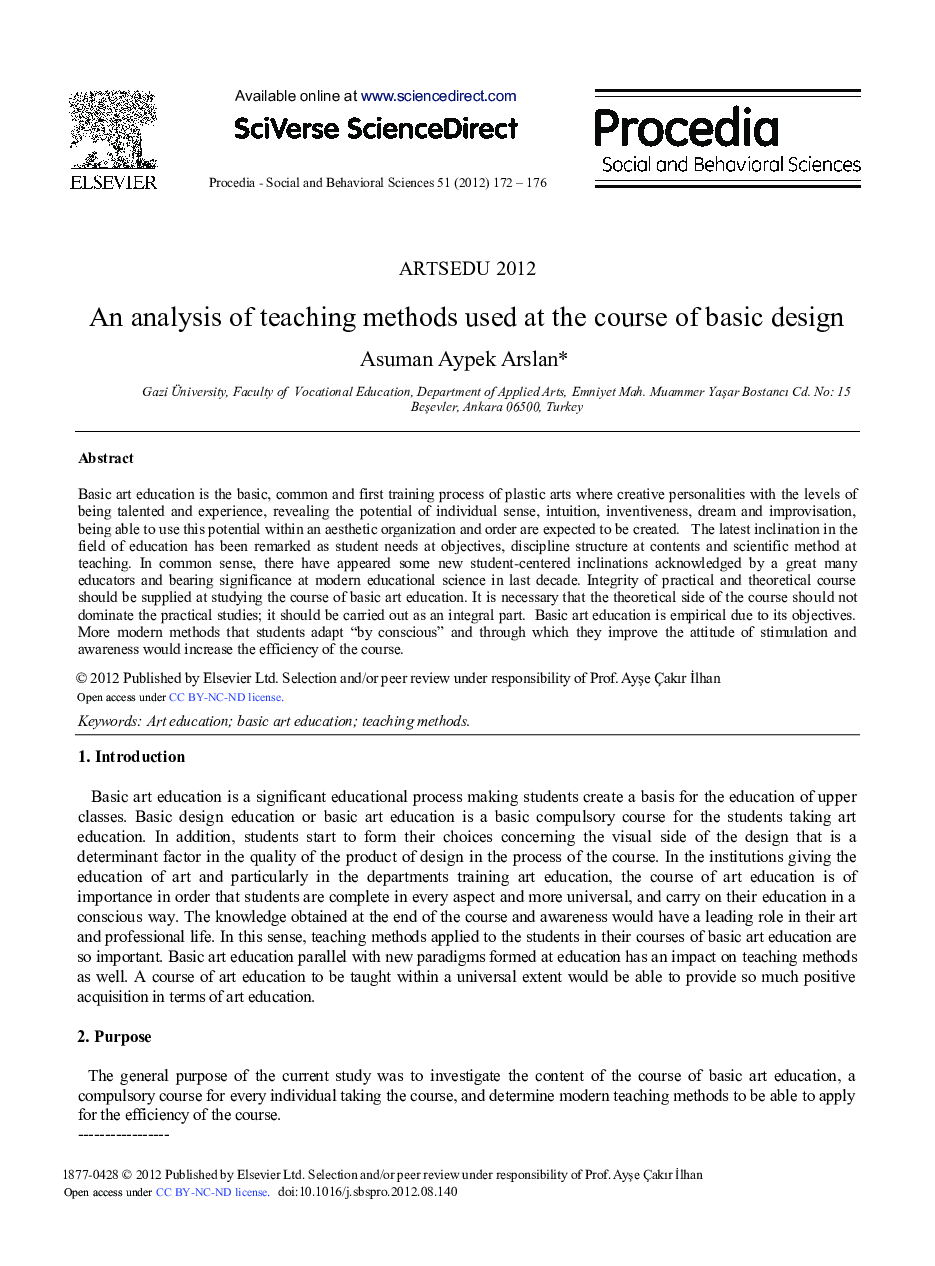 An Analysis of Teaching Methods Used at the Course of Basic Design