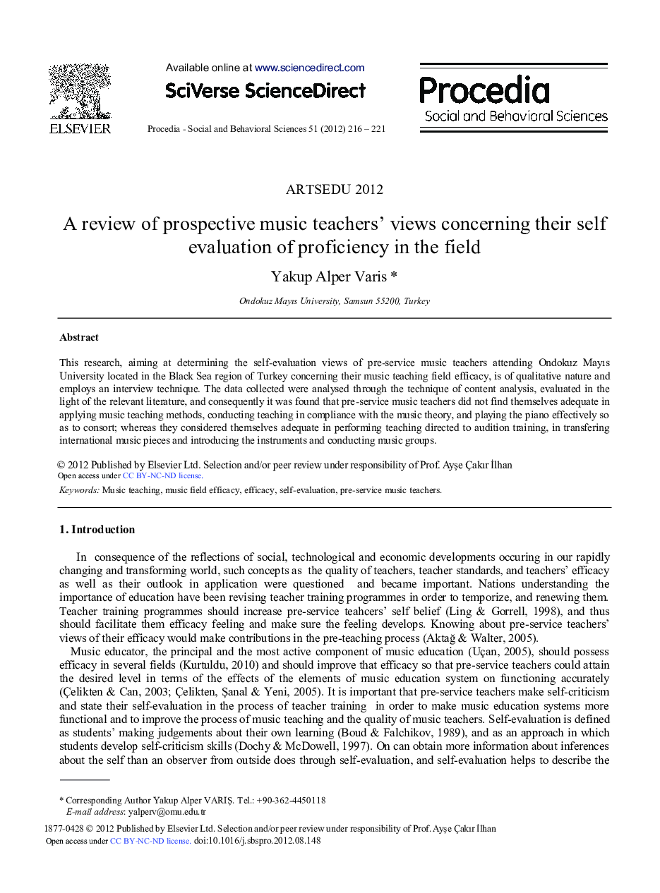 A Review of Prospective Music Teachers’ Views Concerning their Self Evaluation of Proficiency in the Field