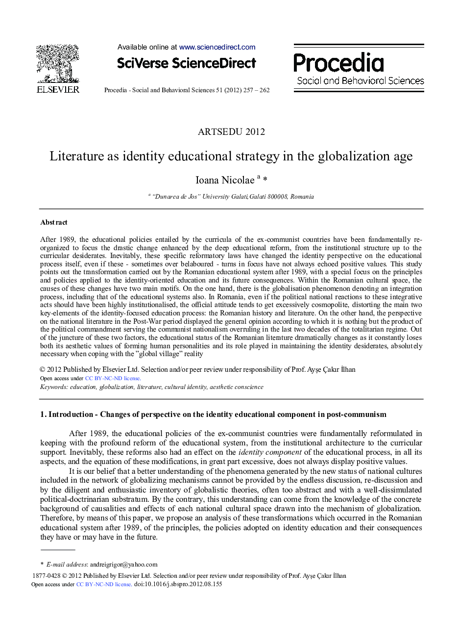 Literature as Identity Educational Strategy in the Globalization Age