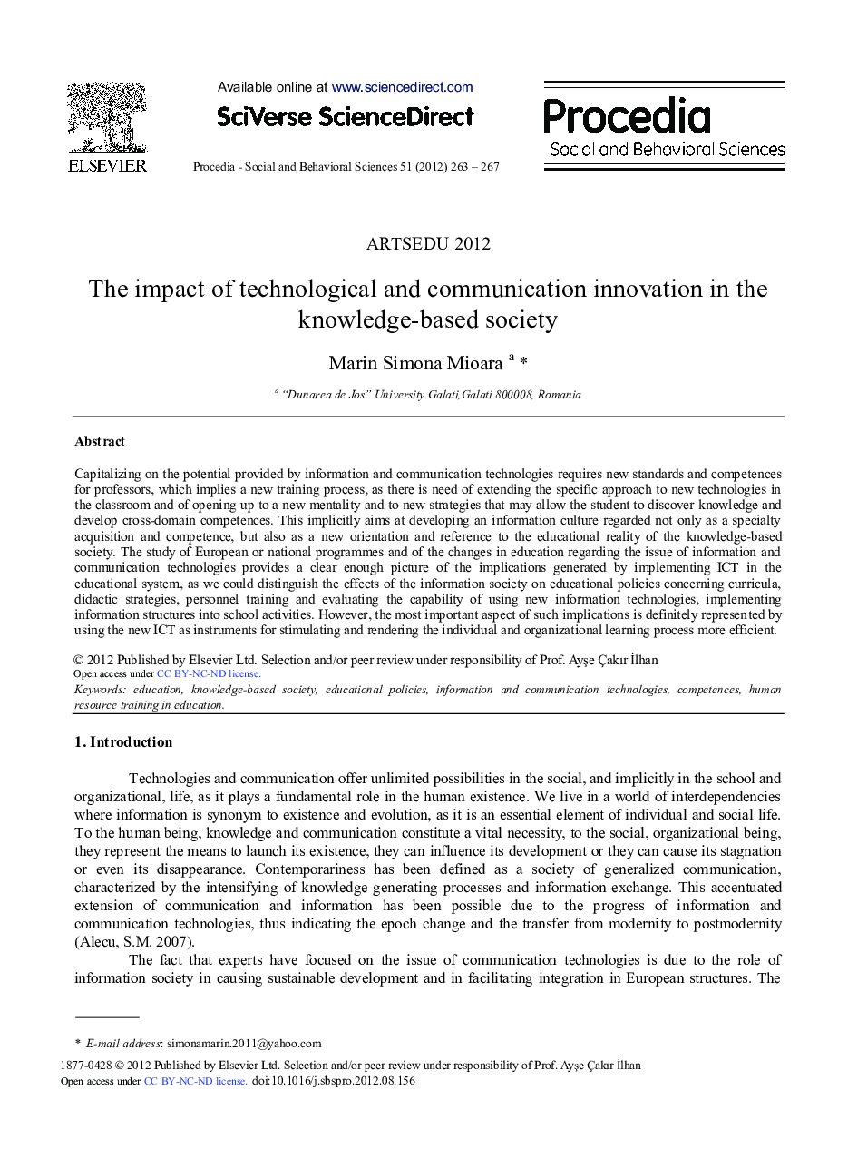 The Impact of Technological and Communication Innovation in the Knowledge-Based Society