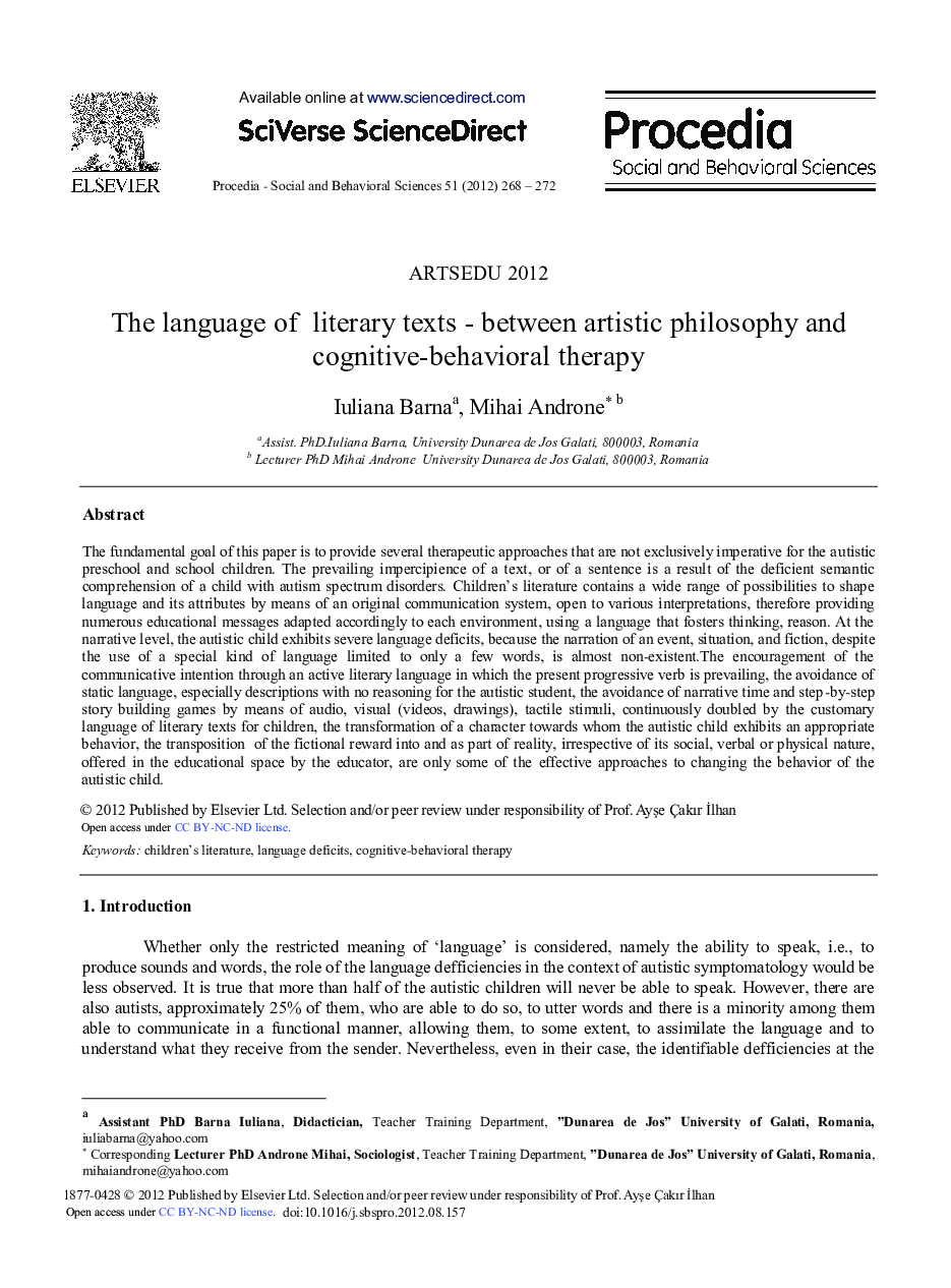 The Language of Literary Texts - Between Artistic Philosophy and Cognitive-Behavioral Therapy