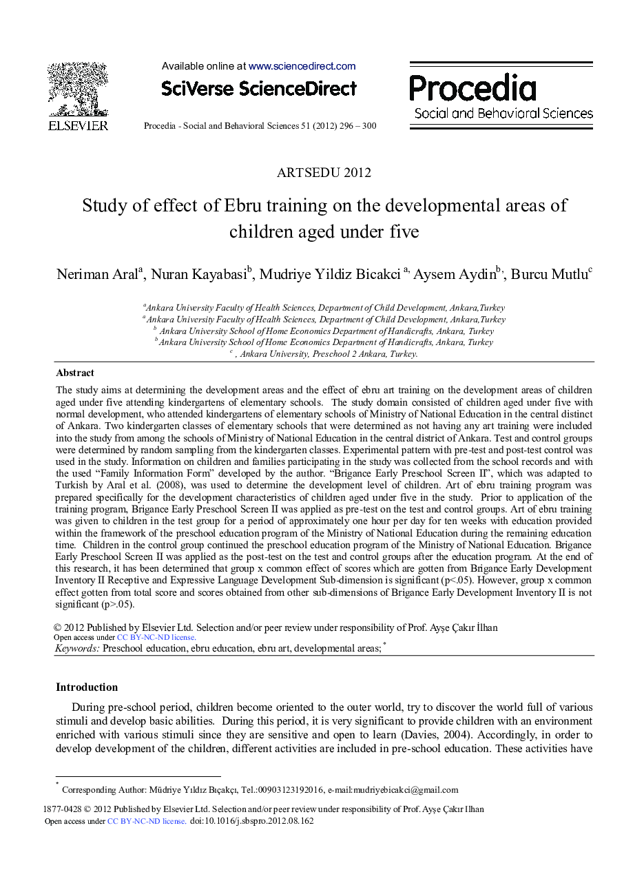 Study of Effect of Ebru Training on the Developmental Areas of Children Aged Under Five