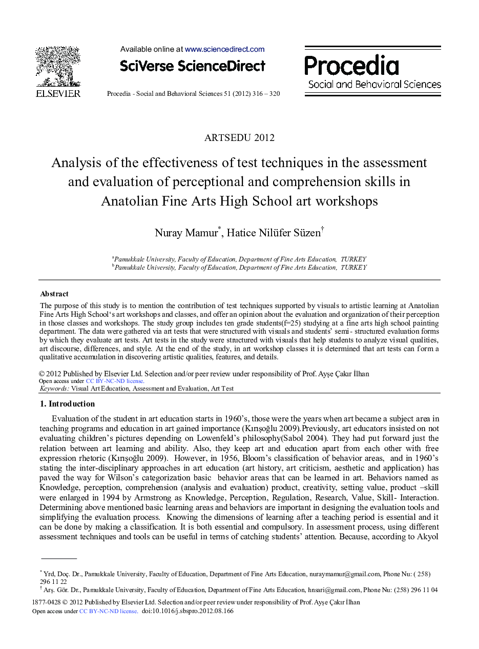 Analysis of the Effectiveness of Test Techniques in the Assessment and Evaluation of Perceptional and Comprehension Skills in Anatolian Fine Arts High School Art Workshops