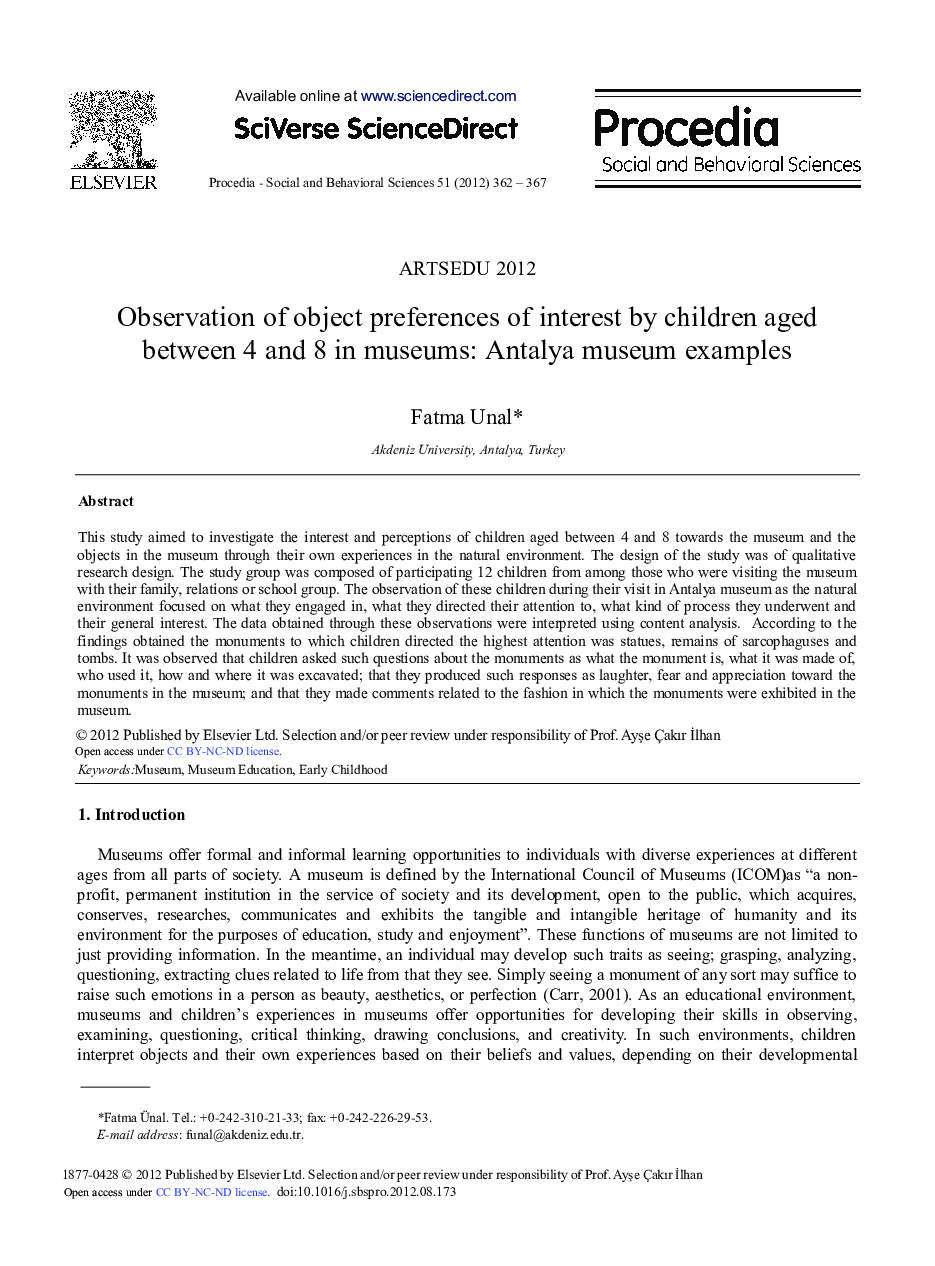 Observation of Object Preferences of Interest by Children Aged Between 4 and 8 in Museums: Antalya Museum Examples