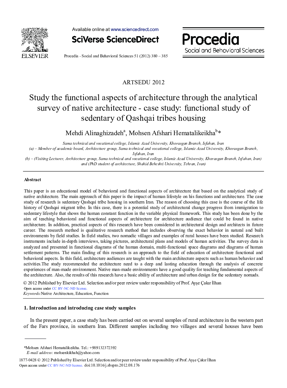 Study the Functional Aspects of Architecture Through the Analytical Survey of Native Architecture - Case Study: Functional Study of Sedentary of Qashqai Tribes Housing