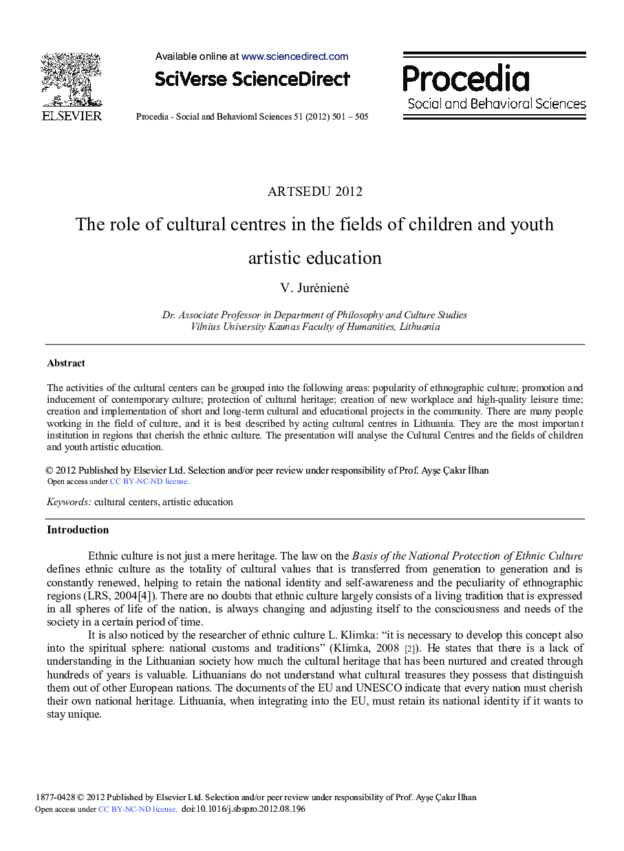 The Role of Cultural Centres in the Fields of Children and Youth Artistic Education