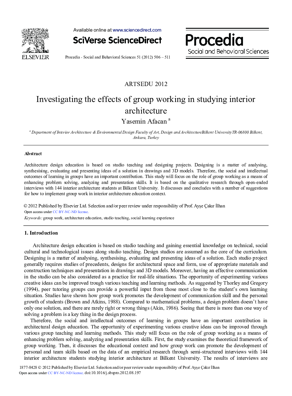 Investigating the Effects of Group Working in Studying Interior Architecture