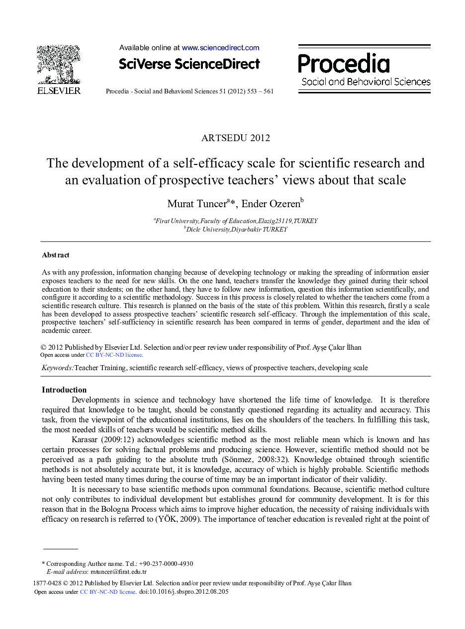 The Development of a Self-Efficacy Scale for Scientific Research and an Evaluation of Prospective Teachers’ Views About That Scale