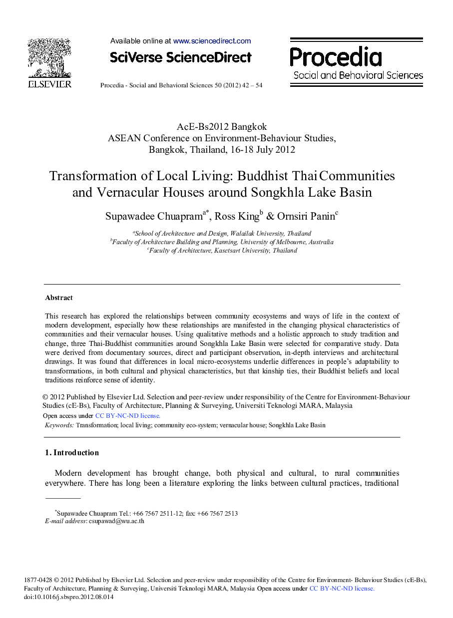 Transformation of Local Living: Buddhist Thai Communities and Vernacular Houses around Songkhla Lake Basin