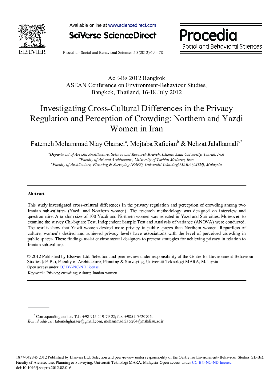 Investigating Cross-Cultural Differences in the Privacy Regulation and Perception of Crowding: Northern and Yazdi Women in Iran