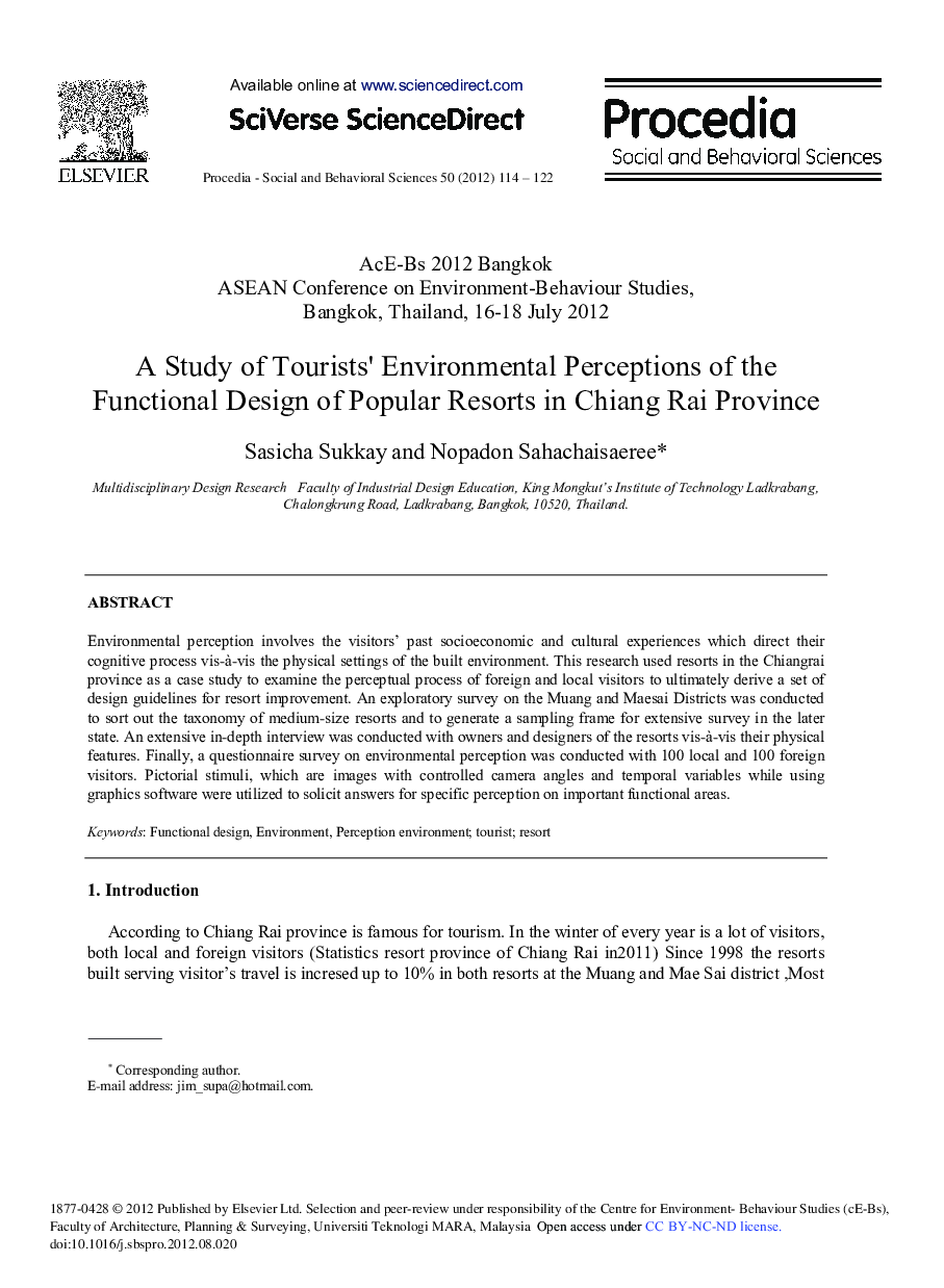 A Study of Tourists’ Environmental Perceptions of the Functional Design of Popular Resorts in Chiang Rai Province