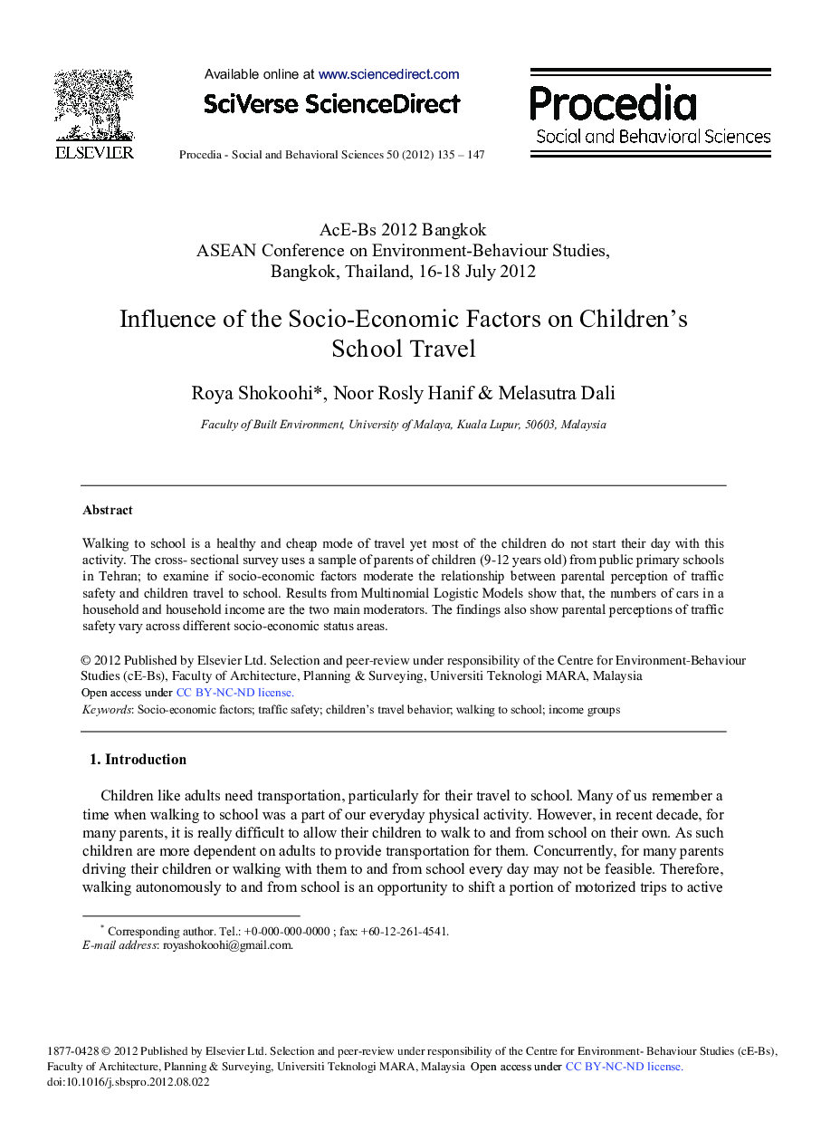 Influence of the Socio-Economic Factors on Children's School Travel