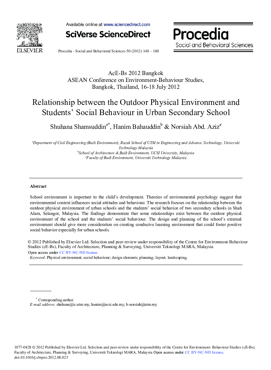 Relationship between the Outdoor Physical Environment and Student's Social Behaviour in Urban Secondary School