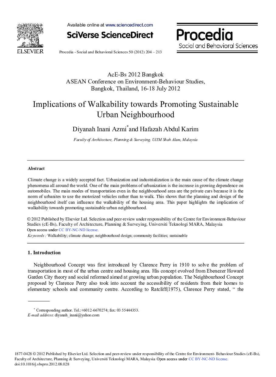 Implications of Walkability Towards Promoting Sustainable Urban Neighbourhood