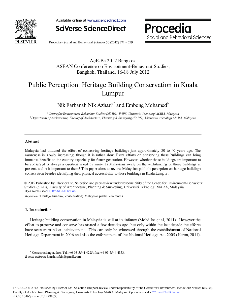 Public Perception: Heritage Building Conservation in Kuala Lumpur