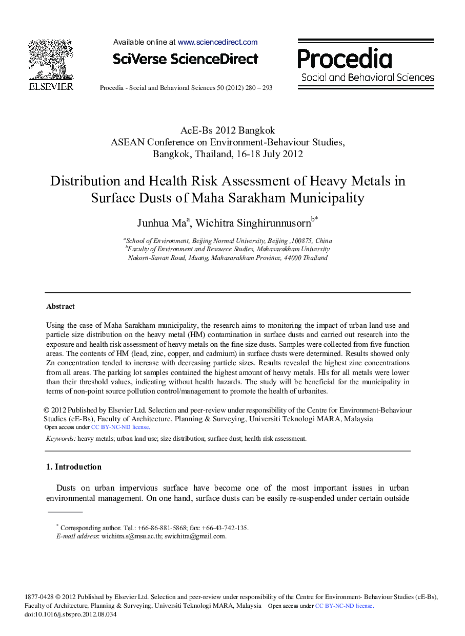 Distribution and Health Risk Assessment of Heavy Metals in Surface Dusts of Maha Sarakham Municipality