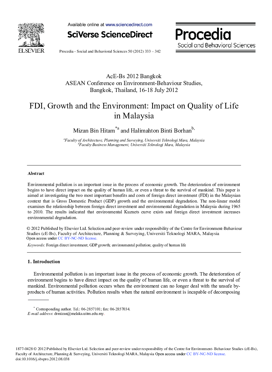 FDI, Growth and the Environment: Impact on Quality of Life in Malaysia