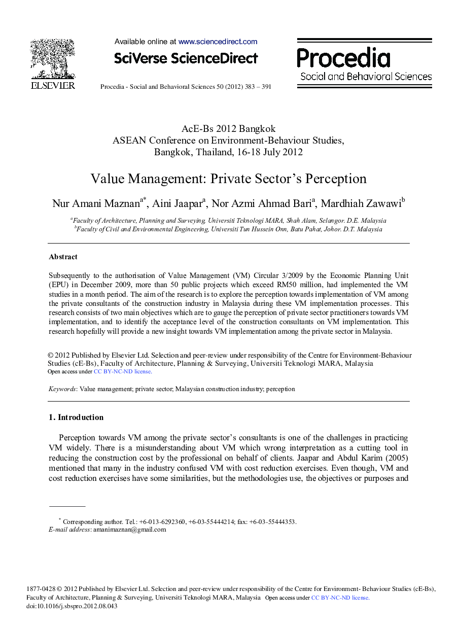 Value Management: Private Sector's Perception