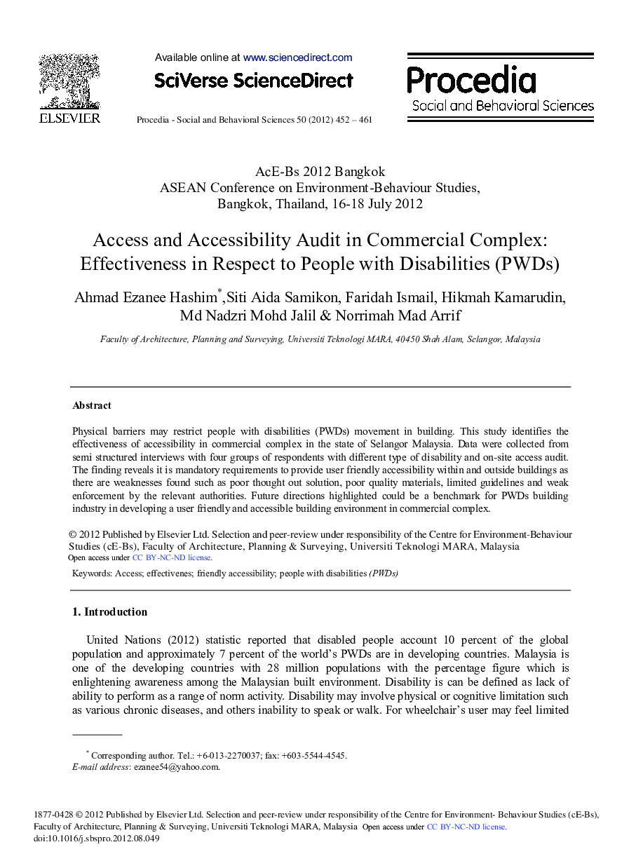 Access and Accessibility Audit in Commercial Complex: Effectiveness in Respect to People with Disabilities (PWDs)