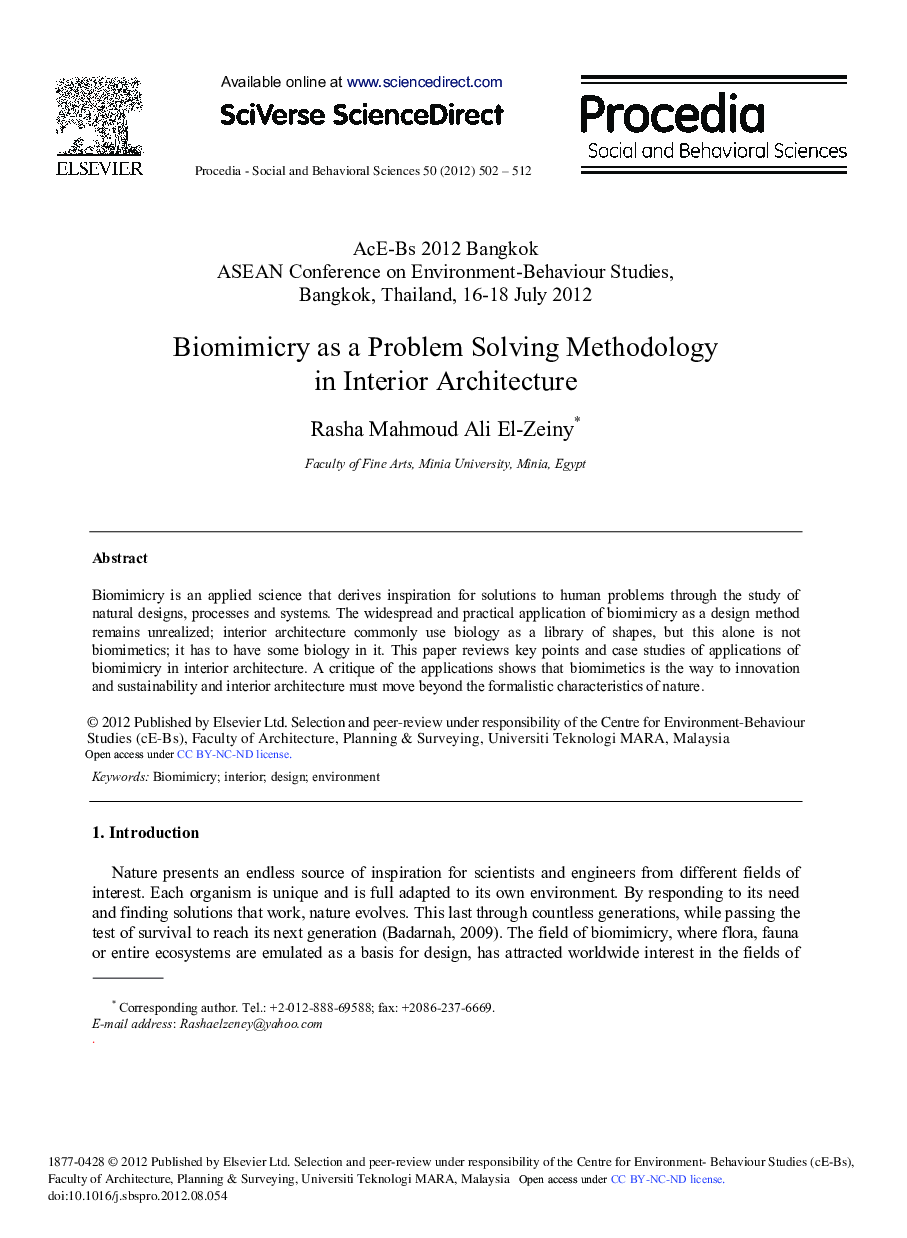 Biomimicry as a Problem Solving Methodology in Interior Architecture