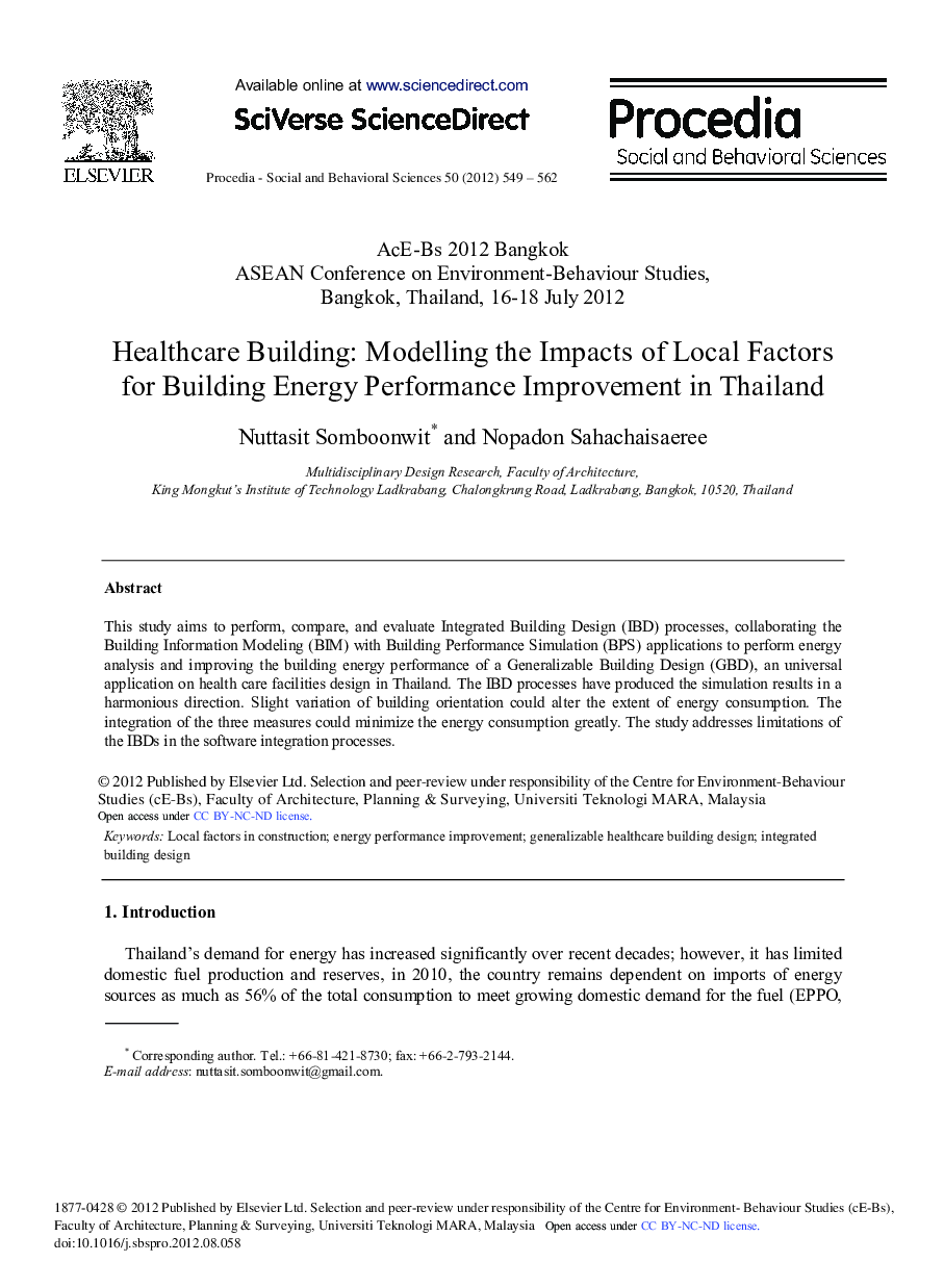 Healthcare Building: Modelling the Impacts of Local Factors for Building Energy Performance Improvement in Thailand