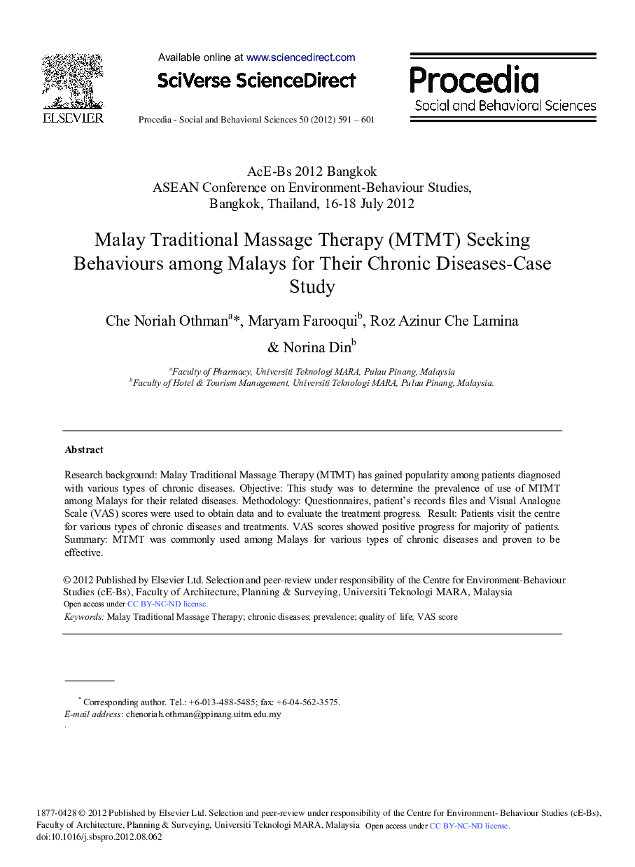 Malay Traditional Massage Therapy (MTMT) Seeking Behaviours among Malays for Their Chronic Diseases-Case Study