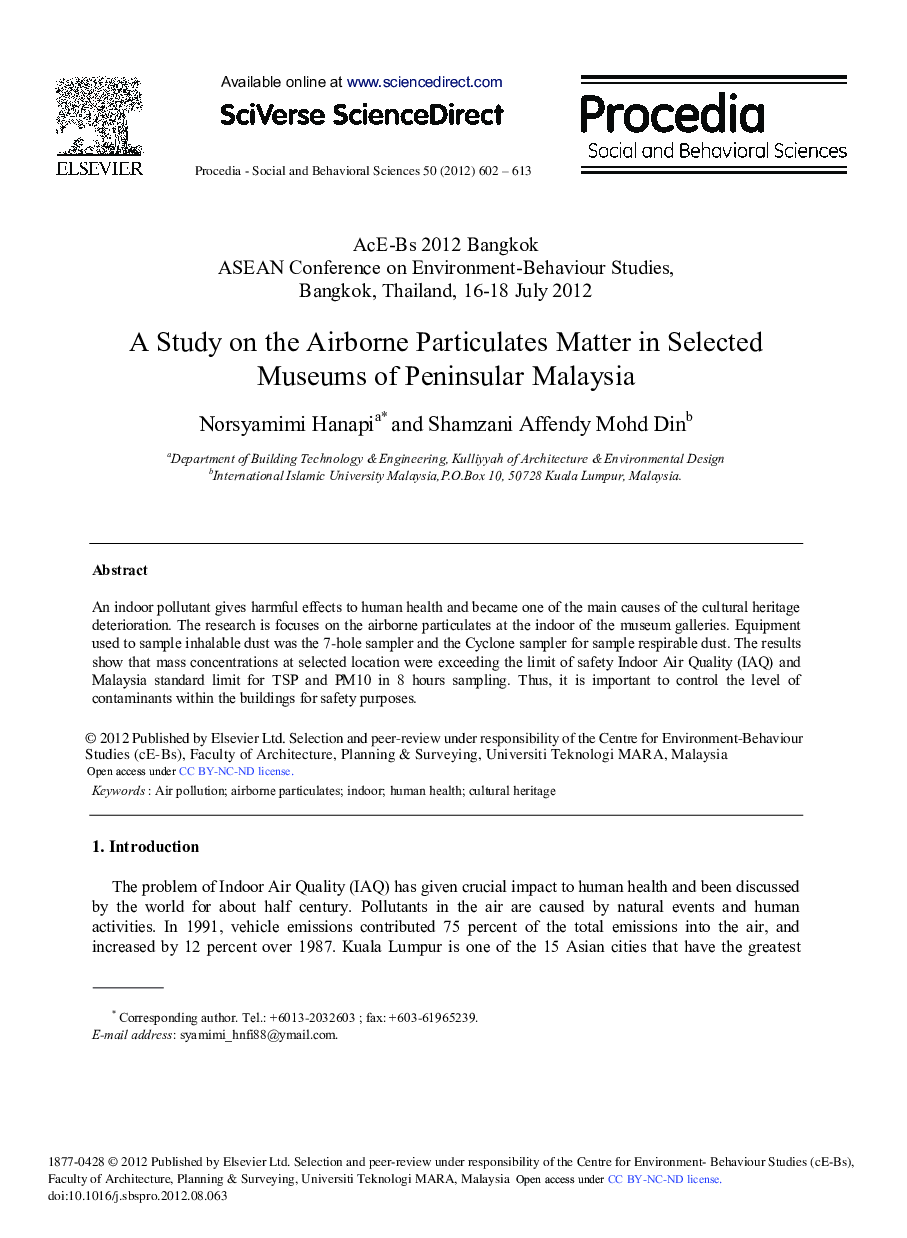 A Study on the Airborne Particulates Matter in Selected Museums of Peninsular Malaysia