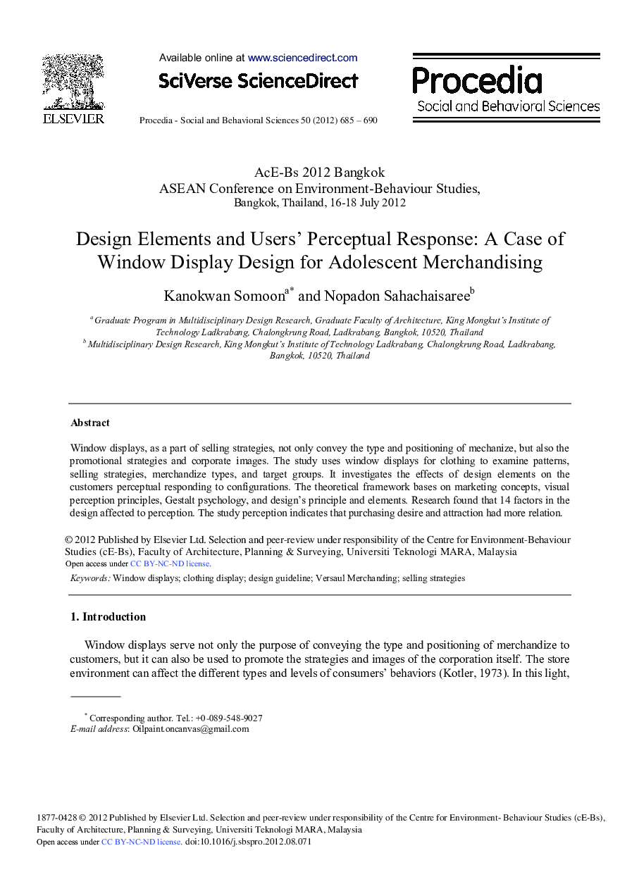 Design Elements and Users’ Perceptual Response: A Case of Window Display Design for Adolescent Merchandising