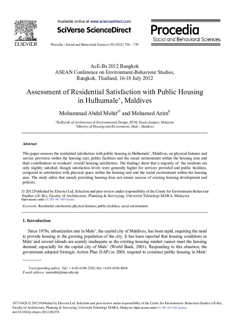 Assessment of Residential Satisfaction with Public Housing in Hulhumale’, Maldives