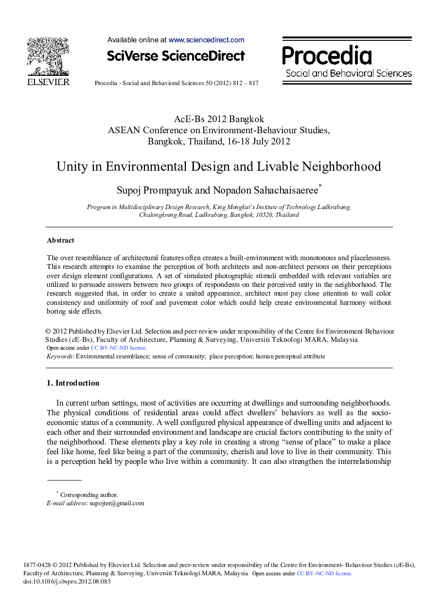 Unity in Environmental Design and Livable Neighborhood