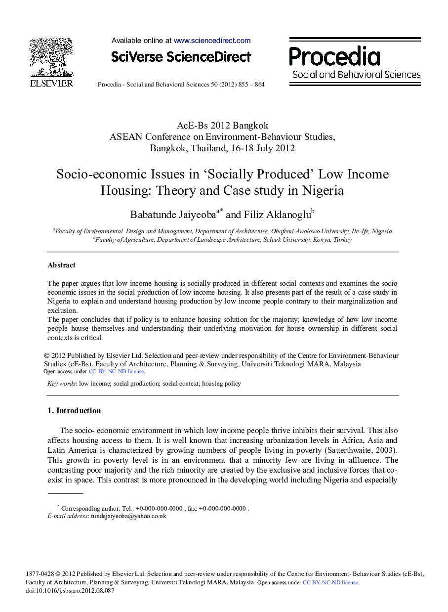 Socio-economic Issues in ‘Socially Produced’ Low Income Housing: Theory and Case study in Nigeria