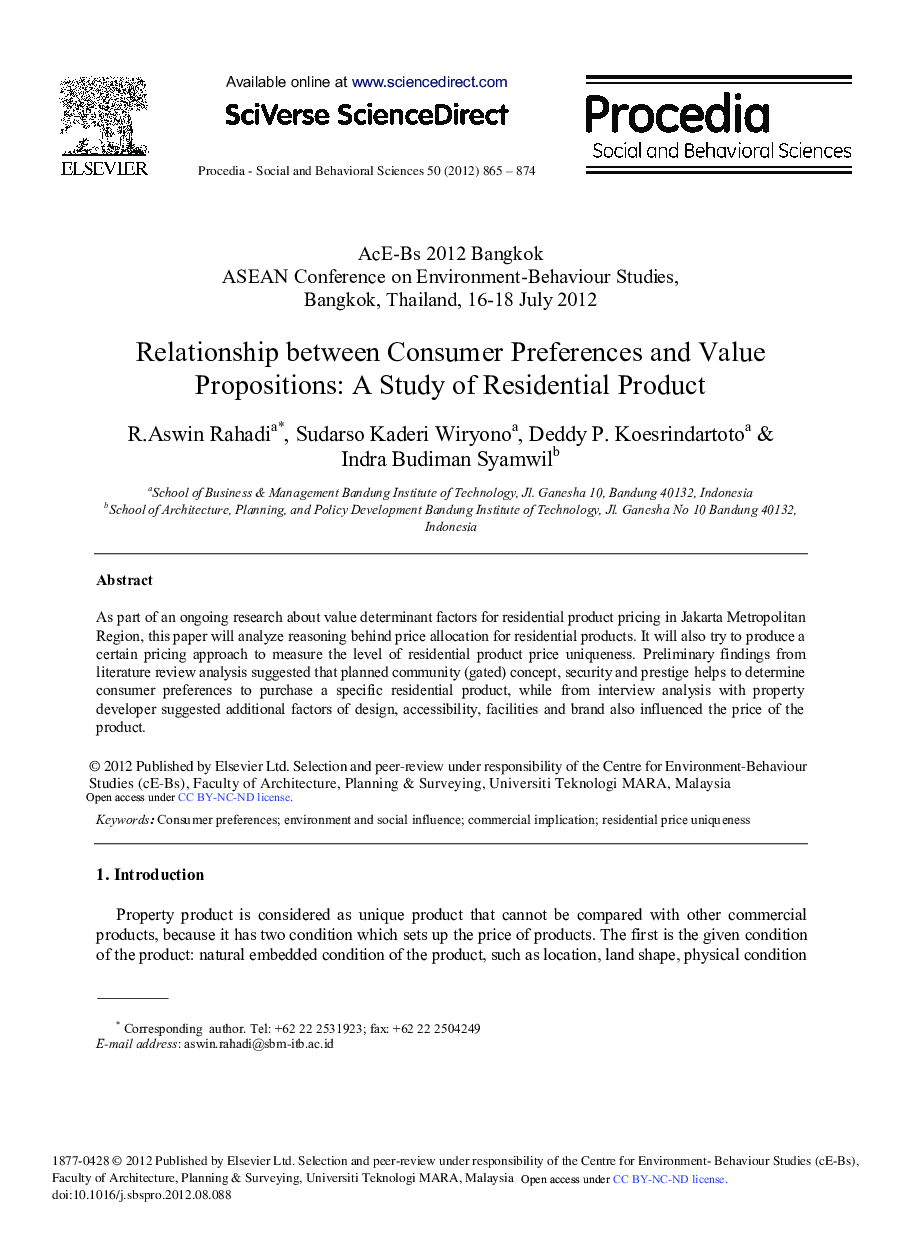 Relationship Between Consumer Preferences and Value Propositions: A Study of Residential Product