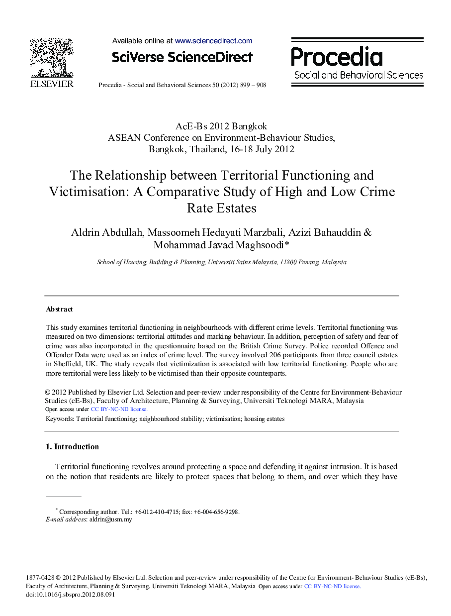 The Relationship Between Territorial Functioning and Victimisation: A Comparative Study of High and Low Crime Rate Estates