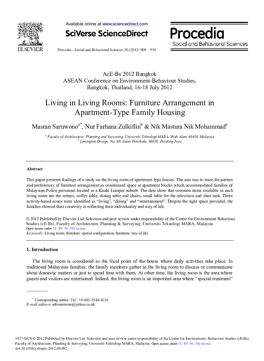 Living in Living Rooms: Furniture Arrangement in Apartment-Type Family Housing