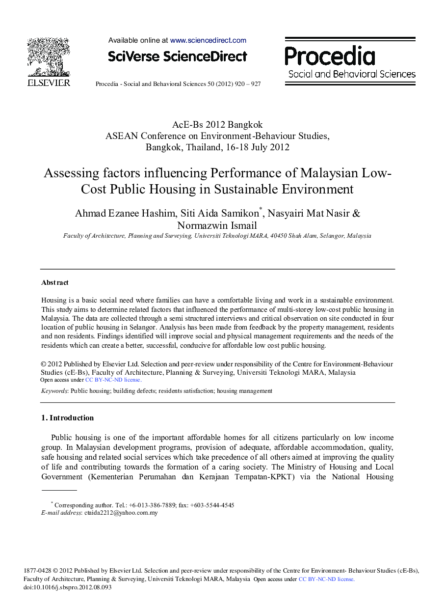 Assessing Factors Influencing Performance of Malaysian Low-Cost Public Housing in Sustainable Environment