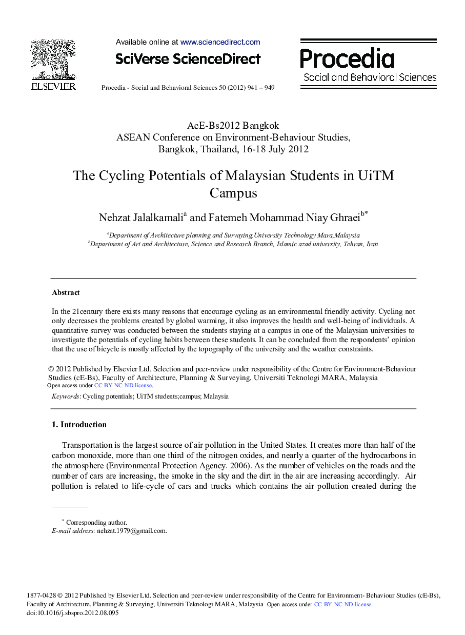 The Cycling Potentials of Malaysian Students in UiTM Campus