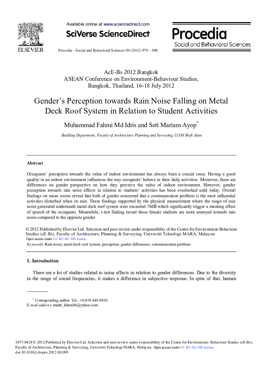 Gender's Perception Towards Rain Noise Falling on Metal Deck Roof System in Relation to Student Activities