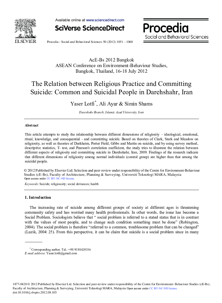 The Relation Between Religious Practice and Committing Suicide: Common and Suicidal People in Darehshahr, Iran