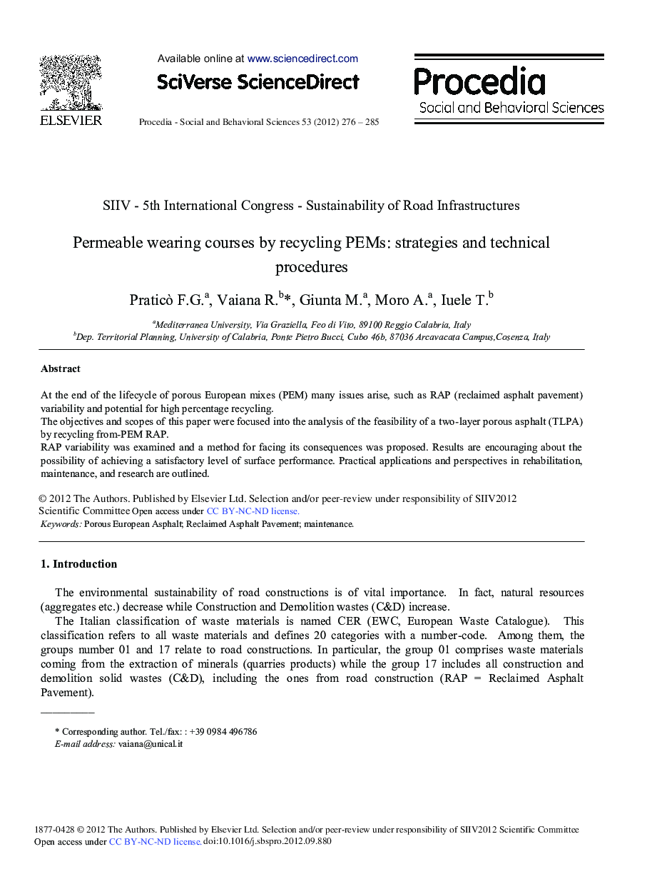 Permeable Wearing Courses by Recycling PEMs: Strategies and Technical Procedures