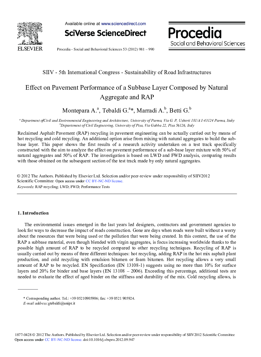 Effect on Pavement Performance of a Subbase Layer Composed by Natural Aggregate and RAP