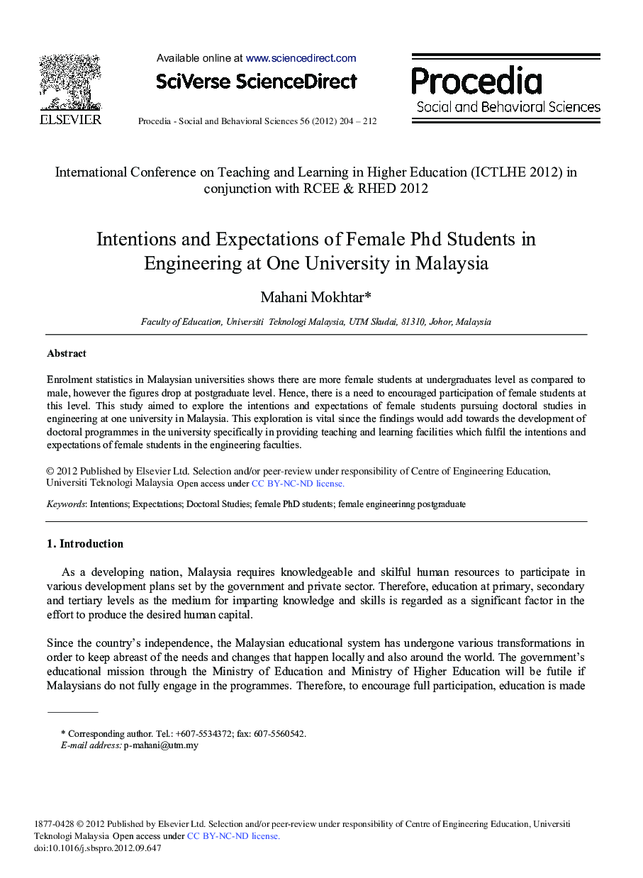 Intentions and Expectations of Female Phd Students in Engineering at One University in Malaysia